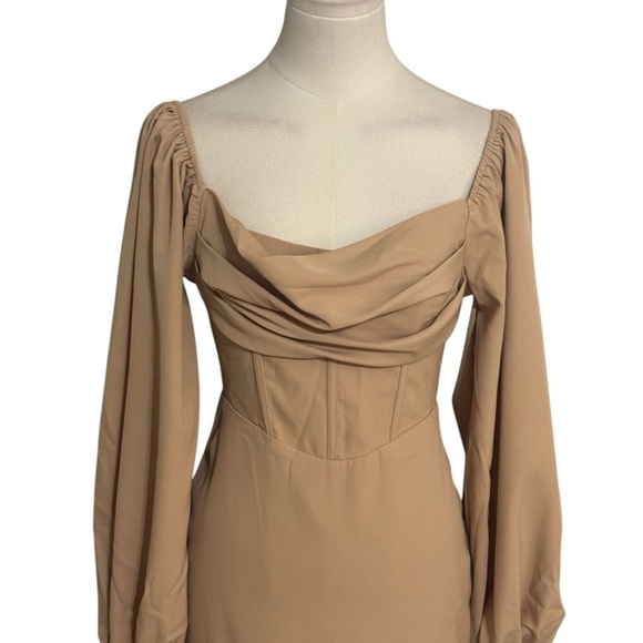 Princess Polly Lillie Tan Balloon Long Sleeve Corset Cowl Neck Mini Dress Size 2 - Picture 7 of 12